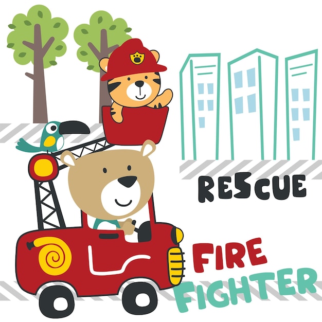 Vector vector illustration of funny bear firefighter on fire truck creative vector childish background for fabric textile nursery wallpaper card poster and other decoration