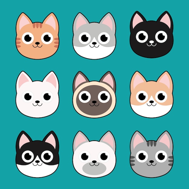 Vector illustration of funny cartoon cats, collection of cats heads emoticons. eps 10 vector