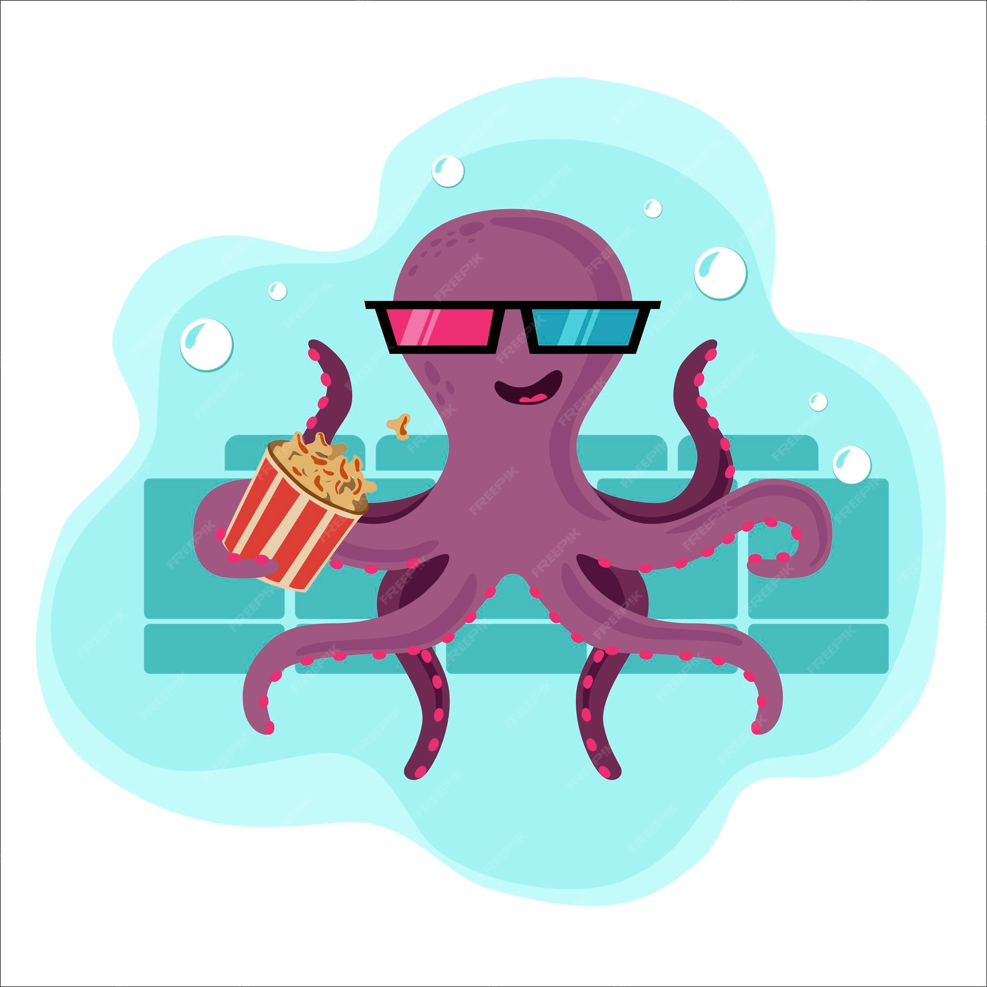 Premium Vector | Vector illustration. funny cartoon octopus sitting in the  cinema and eating popcorn in 3d glasses