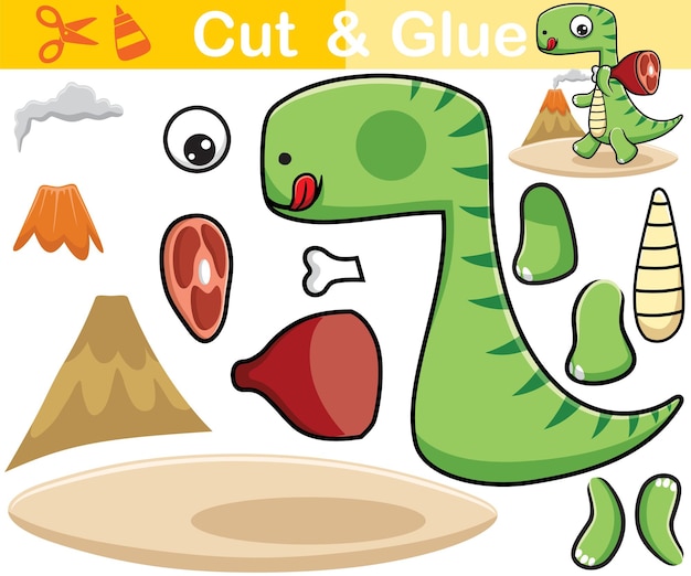 Illustrazione vettoriale di dinosauro divertente che trasporta carne. ritaglio e incollaggio
