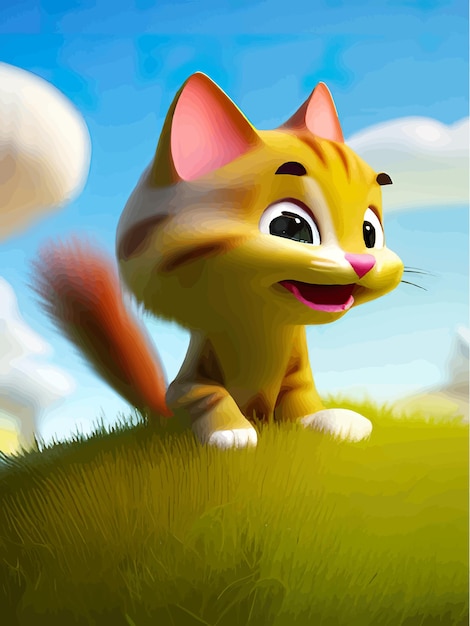Векторная иллюстрация забавного котенка, сидящего и улыбающегося на мультяшном цветном фоне