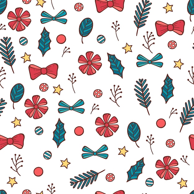 Vector illustration funny merry christmas seamless pattern with gift, red bow and candy. hand drawn doodle style.