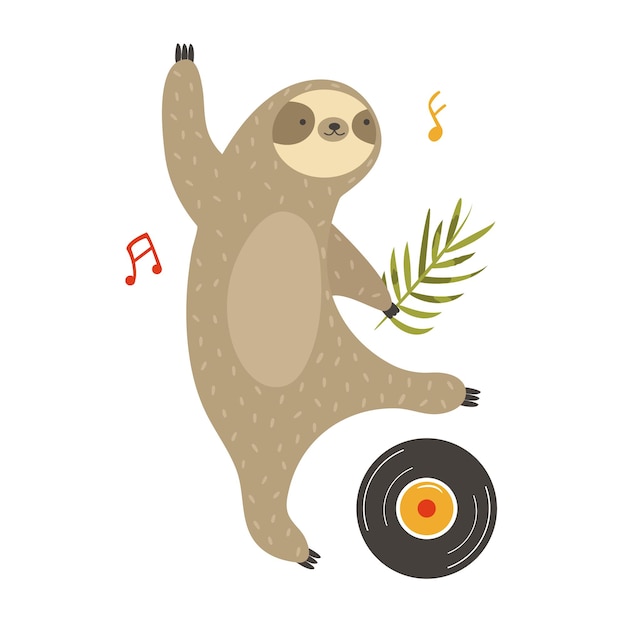 Vector illustration of a funny sloth dancing on a vinyl