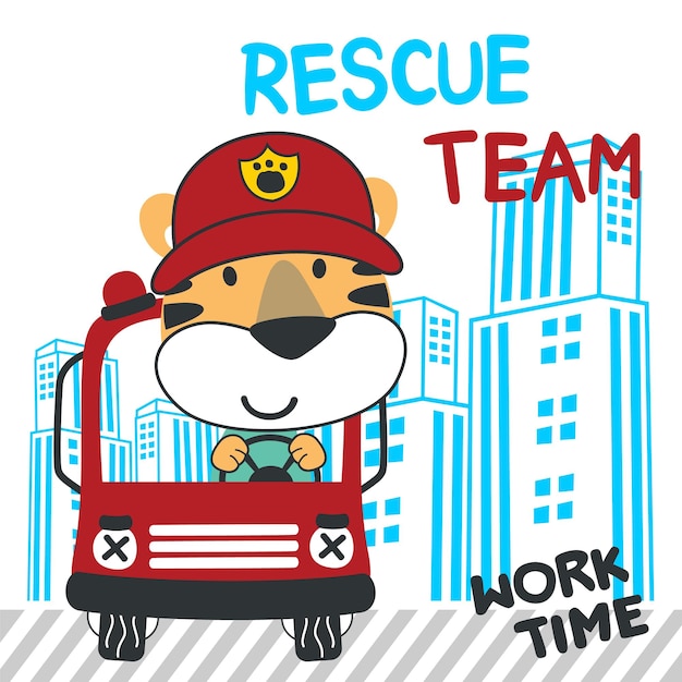 Vector illustration of funny tiger firefighter on fire truck Creative vector childish background for fabric textile nursery wallpaper card poster and other decoration