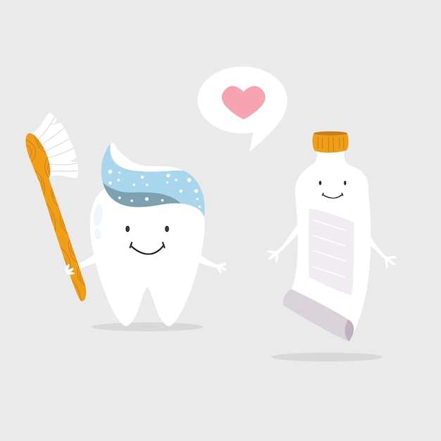 Vector vector illustration of a funny tooth with toothbrush and toothpaste