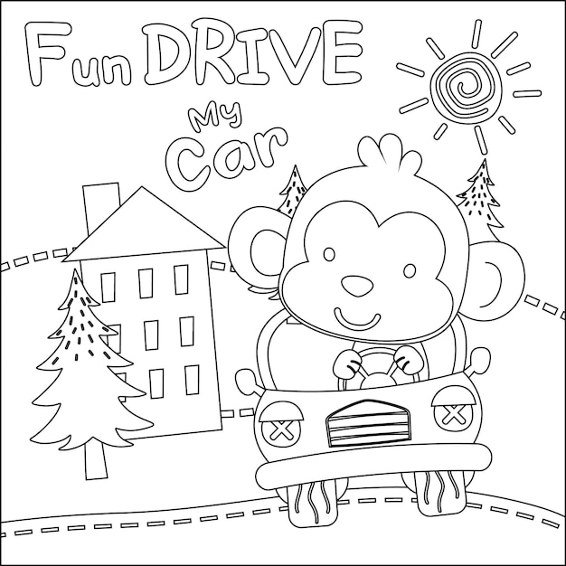 Vector illustration of funy animal driving the white car colouring book or page