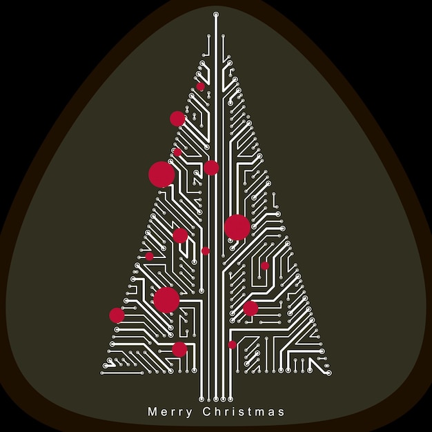 Vector illustration of futuristic evergreen Christmas tree, technology and science conceptual design. Holidays and celebration idea. Technology and nature balance concept.