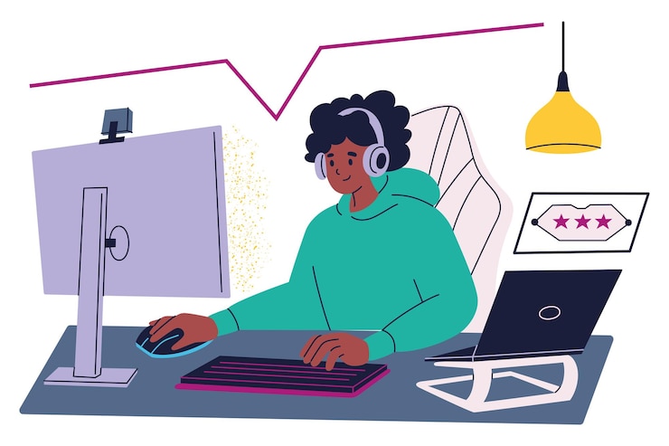 Vector vector illustration of gamer playing computer game using desktop and laptop with gaming keyboard and