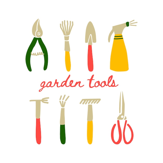낙서 스타일의 정원 도구의 벡터 그림입니다. 흰색 배경에 격리된 정원 기호 세트 - 분무기, 양동이, pruners, 삽, 갈퀴. 엽서, 포스터 및 웹사이트 디자인