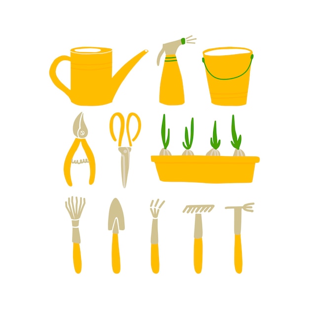 Vector illustration of garden tools in doodle style. set of garden symbols - watering can, sprayer, bucket, pruners, onion pot, shovel, rake. design of postcards, posters and web sites