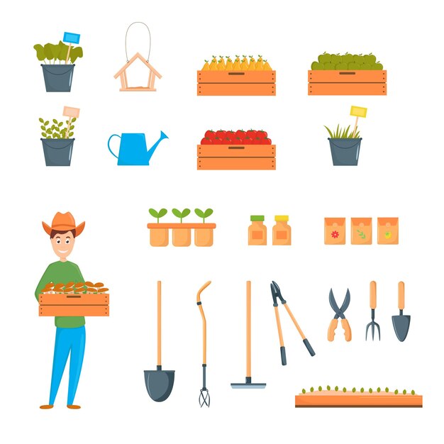 Vector vector illustration of garden tools. gardener in a fashionable flat style.