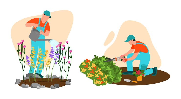 Vector vector illustration of gardeners cartoon scene with gardeners who water flowers plant and trim bushes white background