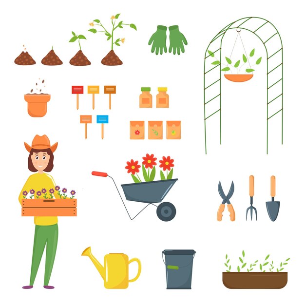 Vector illustration of gardening tools flowers Gardener in trendy flat style