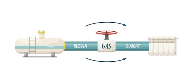 Illustrazione vettoriale di un tubo del gas dalla russia all'europa fornitura di gas l'embargo sulla fornitura di gas dalla russia serbatoio del gas e radiatore di riscaldamento