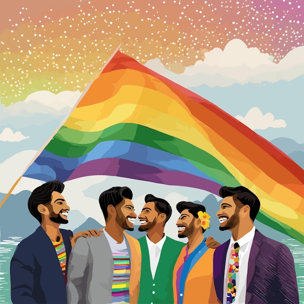 Vector vector illustration of gay people with an lgbtq flag in the background