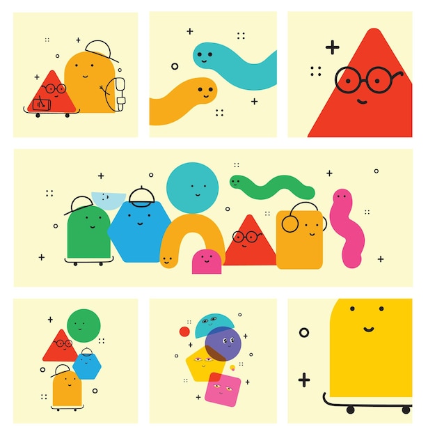 Vector illustration of geometric character shapes with face emotions cute colorful shape for children education