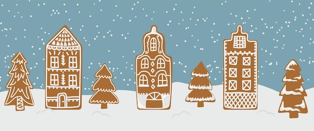 Векторная иллюстрация пряничных деревенских домов и рождественских елок. Рождественский фон