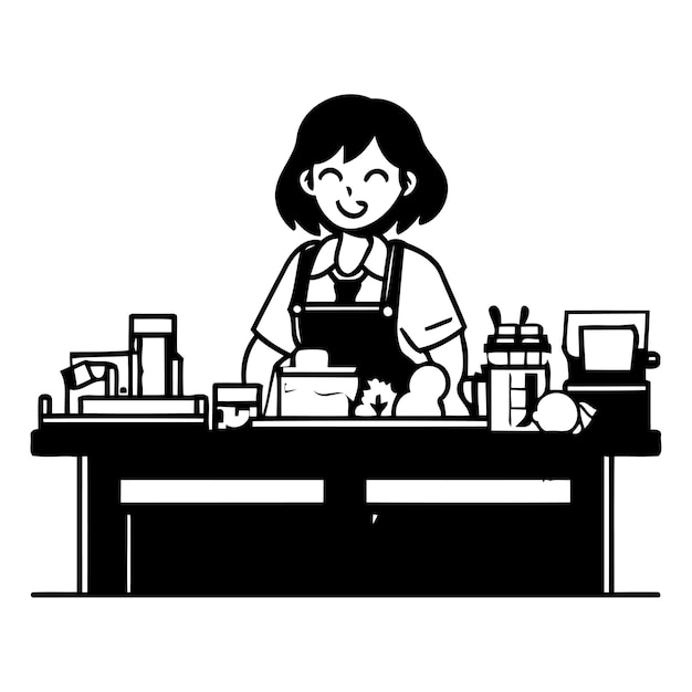 Vector illustration of a girl in apron working in a cafe