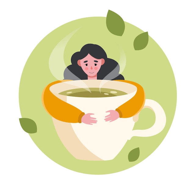Vector illustration of girl and big cup or tea Girl hugs a cup of tea Cute illustration in flat style