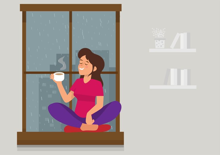 Vector vector illustration of a girl drinking teacoffee near the window while its raining outside flat style cartoon illustration vector