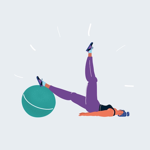 Vector vector illustration of a girl exercising with inflatable ball on white background