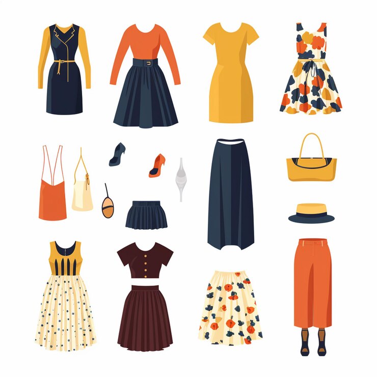 Vector vector illustration girl fashion collection apparel set cartoon clothes clothing dress gr