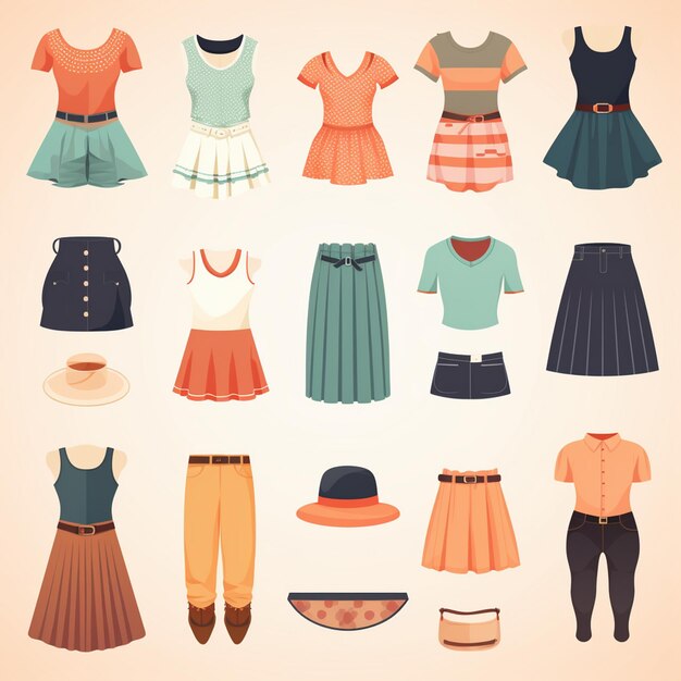 ベクトル ベクトルイラスト 女の子 ファッション コレクション アパレル セット カートゥーン 服 服装 服装