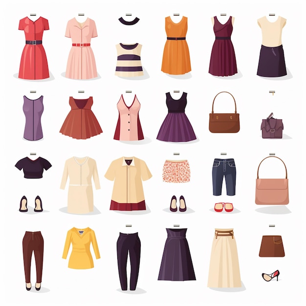 Векторная иллюстрация девушка коллекция моды одежда набор мультфильмов одежда одежда платье gr