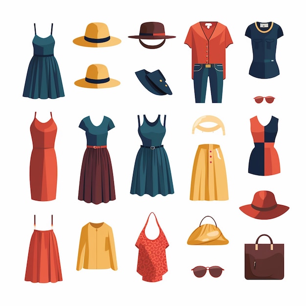 Vettore illustrazione vettoriale ragazza collezione di moda abbigliamento set vestiti cartoni animati abbigliamento vestito gr