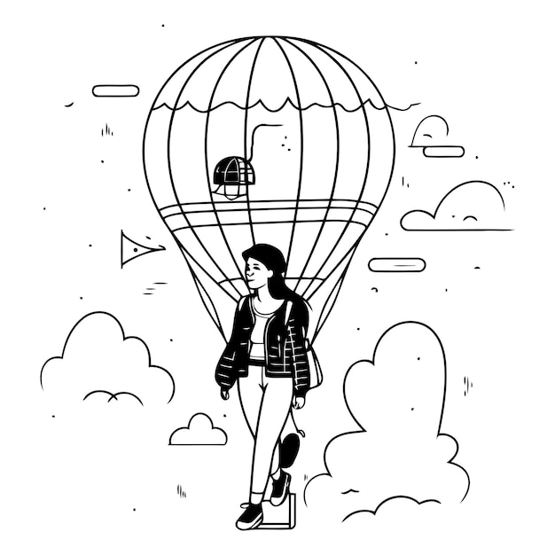 Vector illustration of a girl flying in a hot air balloon in the sky
