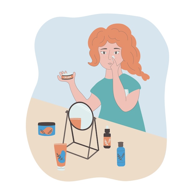 Illustrazione vettoriale di una ragazza davanti a uno specchio con crema per il viso concetto di cura della pelle di routine di bellezza