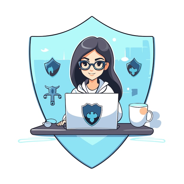 Vector vector illustration of a girl in glasses working on a laptop at home