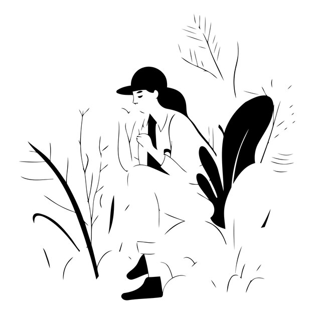 Vector illustration of a girl in a hat sits in a park