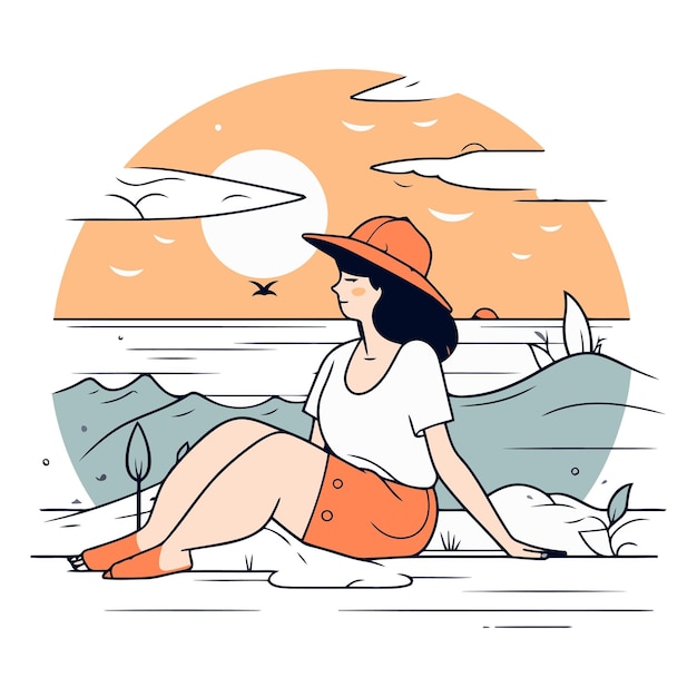 Vector illustration of a girl in a hat sitting on the beach