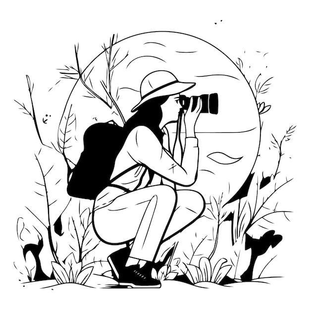 Vector illustration of a girl in a hat with a backpack and a camera on the background of autumn leaves