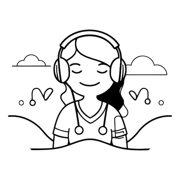 Vector vector illustration of a girl in headphones listening to music in the sea