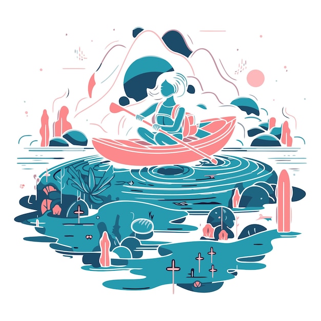 Vector illustration of a girl in a kayak on the lake