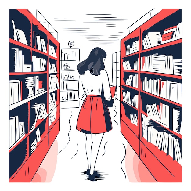 Illustrazione vettoriale di una ragazza in una biblioteca vista posteriore di una ragazza che sceglie un libro