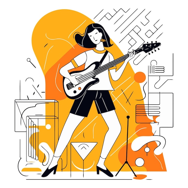 Векторная иллюстрация девушки, играющей на электрической гитаре на музыкальном фоне