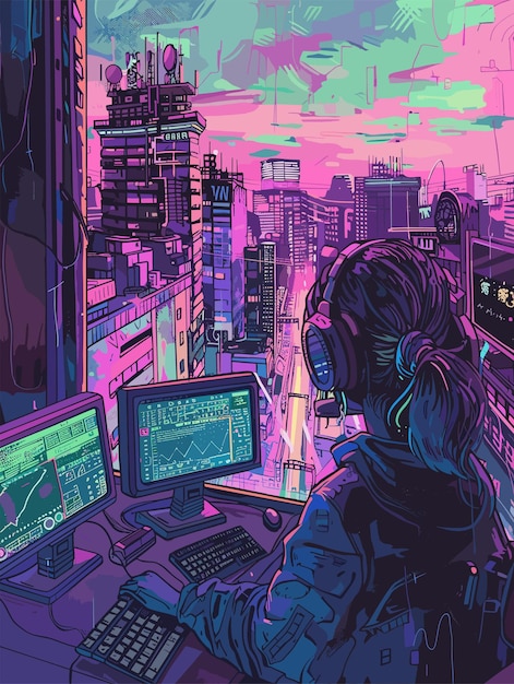 Vector illustration of a girl playing on the stock exchange against the background of the city