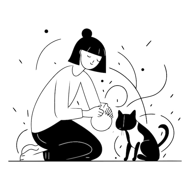 Векторная иллюстрация девушки, играющей с кошкой в плоском стиле