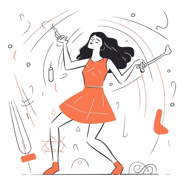 Vector illustration of a girl in a red dress with a glass of champagne