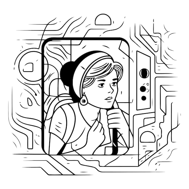 Vector illustration of a girl in a red helmet with a phone in her hand