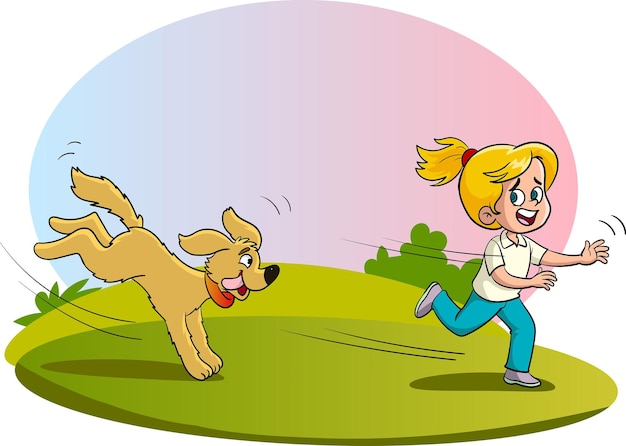 Illustrazione vettoriale della ragazza che corre spaventata dal cane