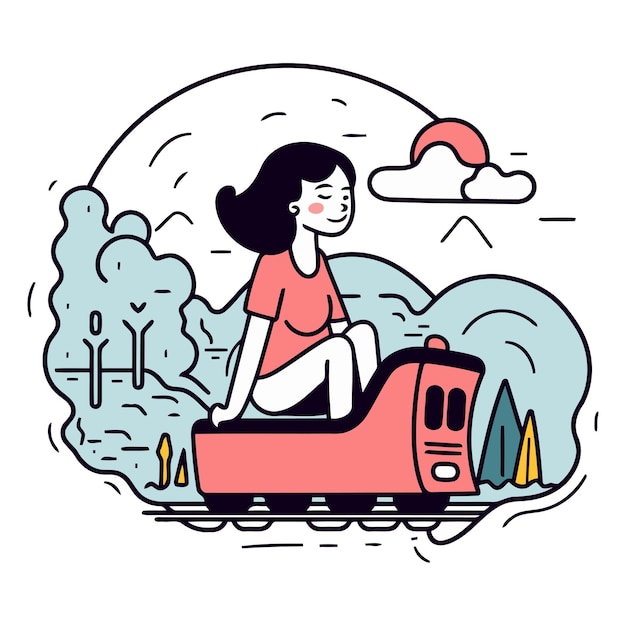 Vector vector illustration of a girl sitting on a car in the park