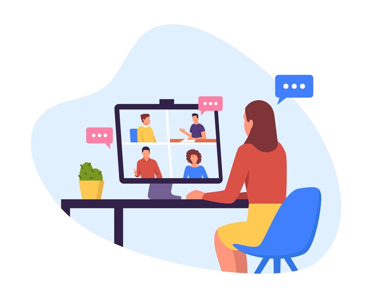 Vector vector illustration of a girl sitting at an online conference cartoon scene with a girl sitting at a table with a computer and a flower pot connected to an online meeting on a white background