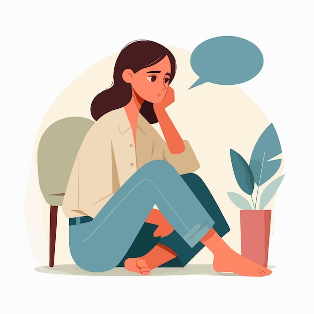 Vector vector illustration of a girl sitting pensive with sad feelings