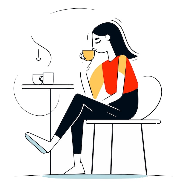 Vector vector illustration of a girl sitting at a table and drinking coffee
