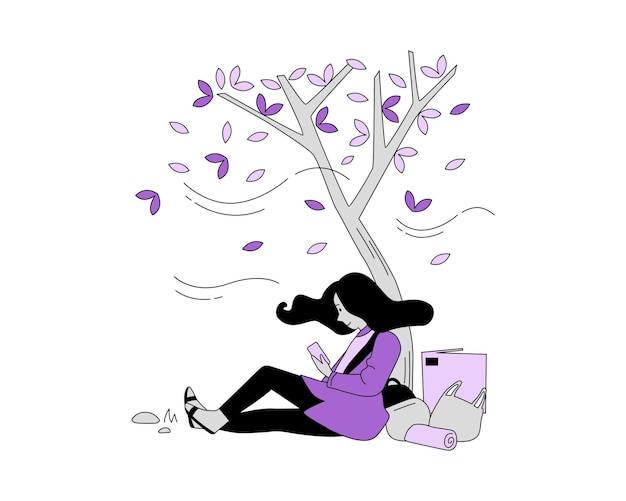 Vettore illustrazione vettoriale di una ragazza seduta sotto un albero e che legge un libro