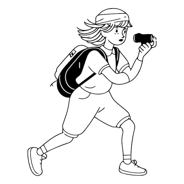 Vector illustration of a girl in sportswear with a backpack and a camera